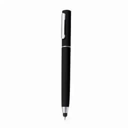 A black pen with a silver clip and a sleek design, featuring a branding logo on its body.