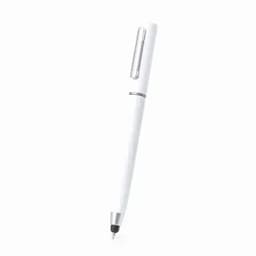 A white pen with a silver clip and a stylus tip on one end.