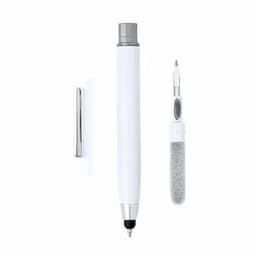 A pen in white with a black tip, alongside a separate cap and a refillable mechanism. Silver accents are present.