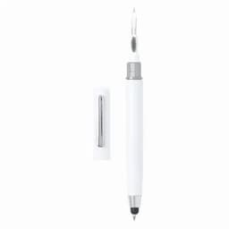 A white pen with a silver clip and a removable cap, featuring a sleek design.