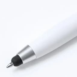 A pen with a sleek white barrel and a silver tip, featuring a black writing nib.
