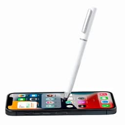 A smartphone with a sleek design, featuring a white stylus partially touching the screen. The device has a logo.