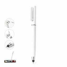 A white pen with a silver clip and stylus tip, displayed alongside images of its features.