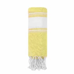 A yellow and white striped towel with fringed ends, neatly rolled up. It features a simple, elegant design.