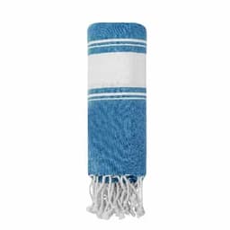 A blue and white towel with fringed edges, neatly rolled for display. It features a striped pattern.