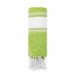 A green towel with a white stripe and fringed edges, neatly rolled up for display.