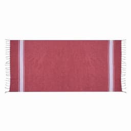 A towel in a deep pink colour with decorative white stripes and fringed edges. It features a plain design.