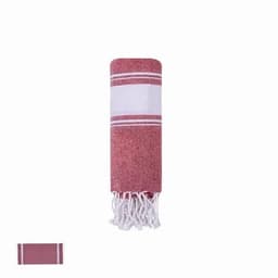 A rolled-up red and white striped towel with fringes at one end and a plain white band in the centre.