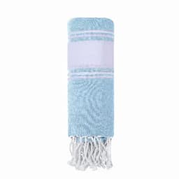 A rolled-up towel in light blue with white stripes and fringed edges. It features a simple branding logo.