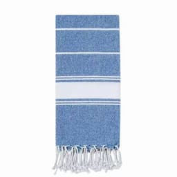 A blue and white striped towel with fringed edges, featuring a textured design.