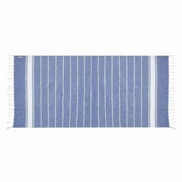 A beach towel featuring a blue and white striped design with fringed edges. The towel has a simple, elegant look.