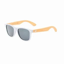 A pair of sunglasses featuring grey lenses and white frames with wooden arms. The design is modern and stylish.
