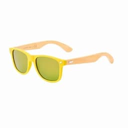 A pair of sunglasses with yellow frames and wooden arms, featuring green lenses.
