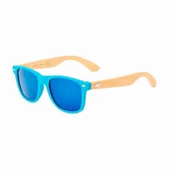 A pair of sunglasses with bright blue lenses and bamboo-style arms. The frame is a vivid turquoise colour.