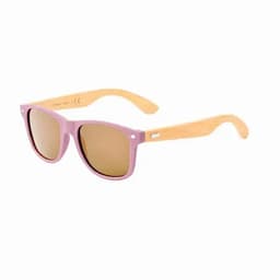 A pair of sunglasses with pink frames and wooden arms, featuring brown tinted lenses.