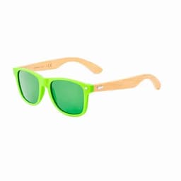 A pair of green sunglasses with wooden temples. The sunglasses have a vibrant design and a logo on the frame.