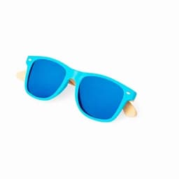 A pair of blue sunglasses with wooden temple arms and tinted lenses. The glasses have a modern, trendy design.