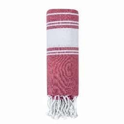 A rolled towel in red and white stripes, featuring fringed edges and a simple design. It has a branding logo.