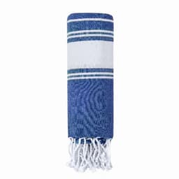 A rolled-up blue and white towel with decorative stripes and fringed edges. It features a simple, classic design.