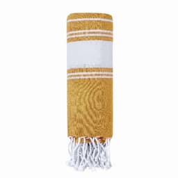 A yellow and white striped towel featuring fringed edges, neatly rolled up.