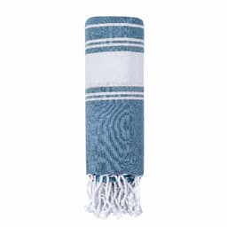 A blue and white striped towel with tassels at one end, featuring a textured design and a folded appearance.