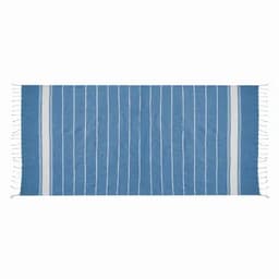 A blue and white striped blanket with fringed edges. The fabric has a soft, textured appearance.
