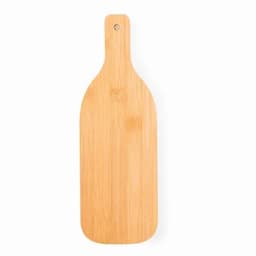 A bamboo paddle board with a smooth, natural finish and a handle at one end. It features a round hole for hanging.