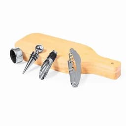 A wooden tray displays a drink bottle opener, pourer, collar, and corkscrew in shiny metallic finishes.