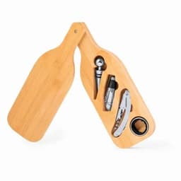 A wooden wine gift set featuring a bottle-shaped case with wine accessories inside, including a corkscrew and pourer.