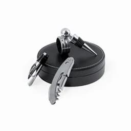 A wine accessory set featuring a corkscrew, pourer, and stopper, all in a black case with white stitching.