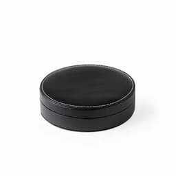 A round black leather box with a stitched edge, featuring a lid that fits snugly on the base.