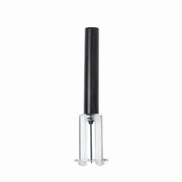 A clear and black drink bottle with a unique dispensing mechanism. It features a logo on the body.