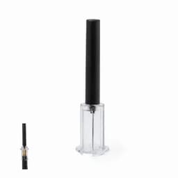 A clear bottle with a black applicator. The bottle has a transparent body and a long black lid.