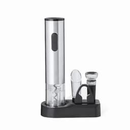 A wine opener set with a silver electric corkscrew, a wine pourer, and a stand in black.