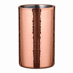 A drink bottle with a hammered copper finish and a stainless steel interior. Features a simple logo.