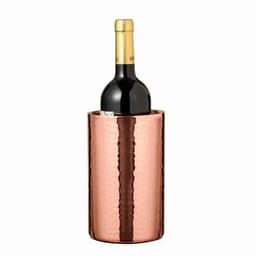 A drink bottle in a shiny copper wine cooler, featuring a textured exterior and a bottle of red wine inside.