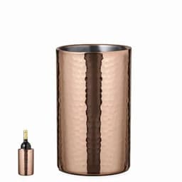 A drink bottle in a hammered copper finish, featuring a sleek, cylindrical design and a silver interior.