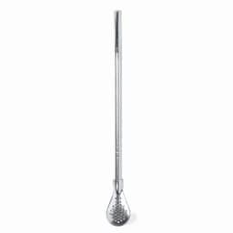 A stainless steel cocktail strainer with a long handle and a rounded, perforated head.