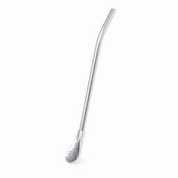 A stainless steel drinking straw with a curved design and a spoon-shaped end.