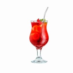 A drink bottle featuring a vibrant red beverage with ice and a straw, garnished with mint leaves.