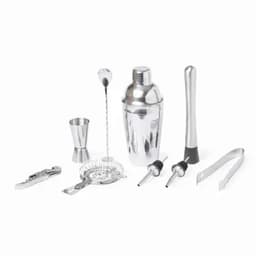 A cocktail shaker set including a shaker, jigger, strainer, stirring spoon, and pour spouts, all in shiny silver.