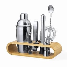 A drink bottle collection featuring stainless steel tools on a bamboo stand, including a shaker, jigger, and strainer.