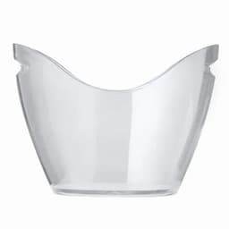 A clear plastic ice bucket featuring a curved design. It has a smooth finish and no visible branding.