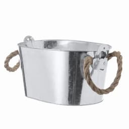 A silver metal bucket with rounded edges and natural rope handles on each side.