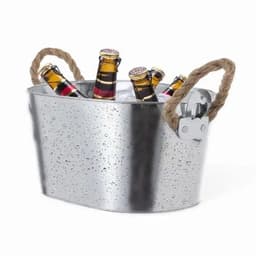 A silver bucket filled with ice and multiple bottles, featuring handles made of rope.