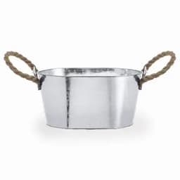 A metal tub with rope handles, featuring a shiny silver finish and an oval shape.