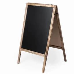 A wooden A-frame chalkboard with a dark surface, featuring a natural finish and a simple, elegant design.