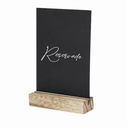 A reserved sign with a black background and white cursive text, mounted on a wooden base.