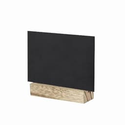 A black display sign mounted on a wooden base. The sign features a simple rectangular shape.