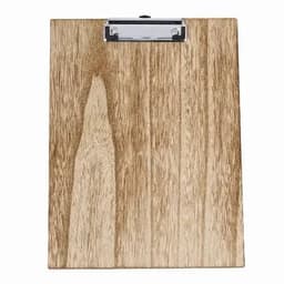 A clipboard made of natural wood with a metal clip, featuring a smooth surface and a light brown colour.